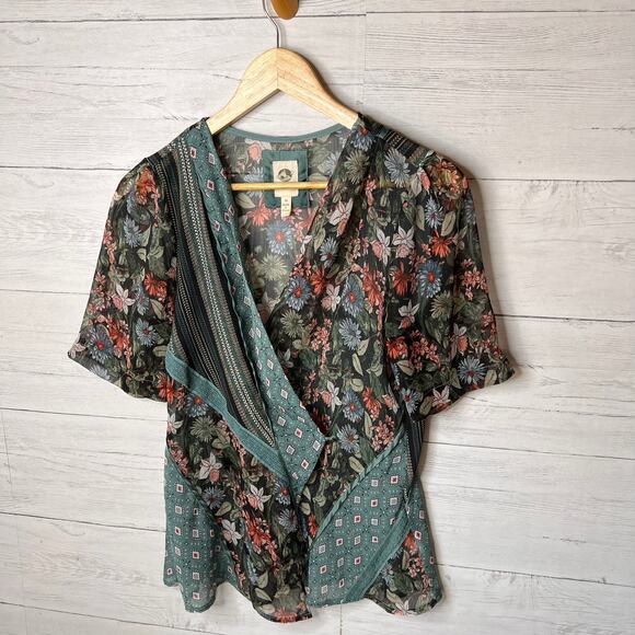 Anthropologie Tiny Blouse Womens Size Medium Teal Floral Geometric Sheer Wrap - Picture 8 of 16